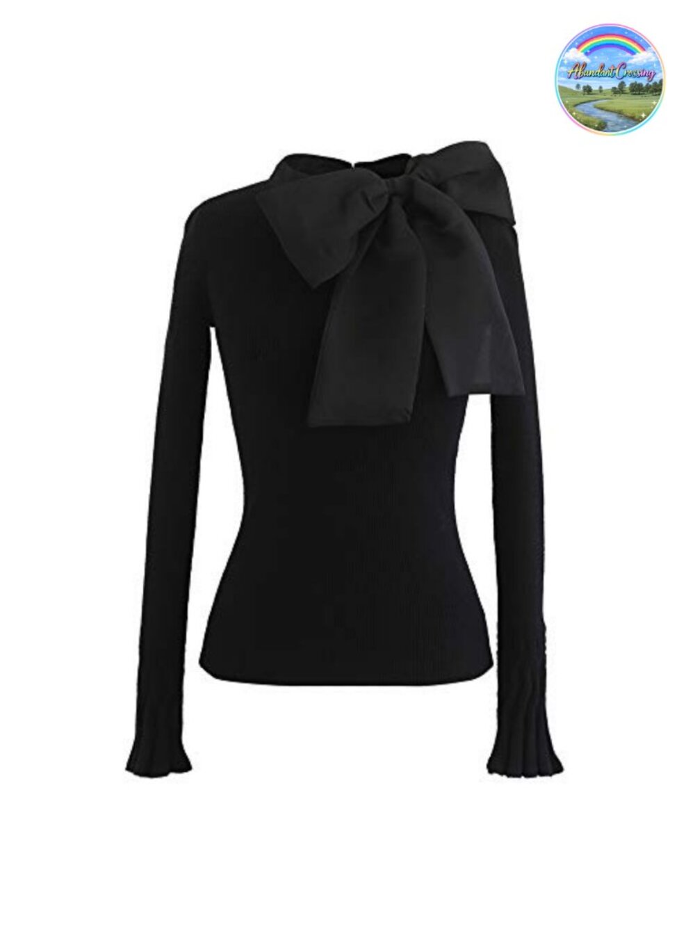 Long Sleeve Bow Tied Knit Top Elegant Fitted Acrylic Pullover
